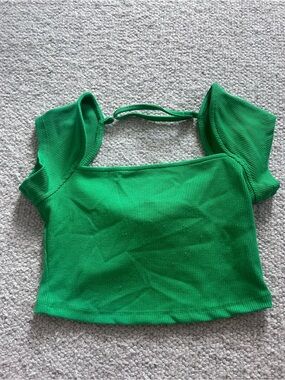 Women's Green Ribbed Square-Neck Crop Top